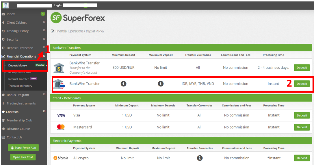 ฝากเงิน superforex