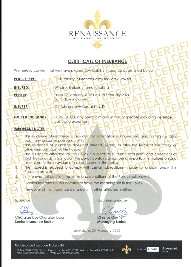 หลักฐานว่า Windsor brokers มีการรับประกันเงินทุกกับ Lloyds of London